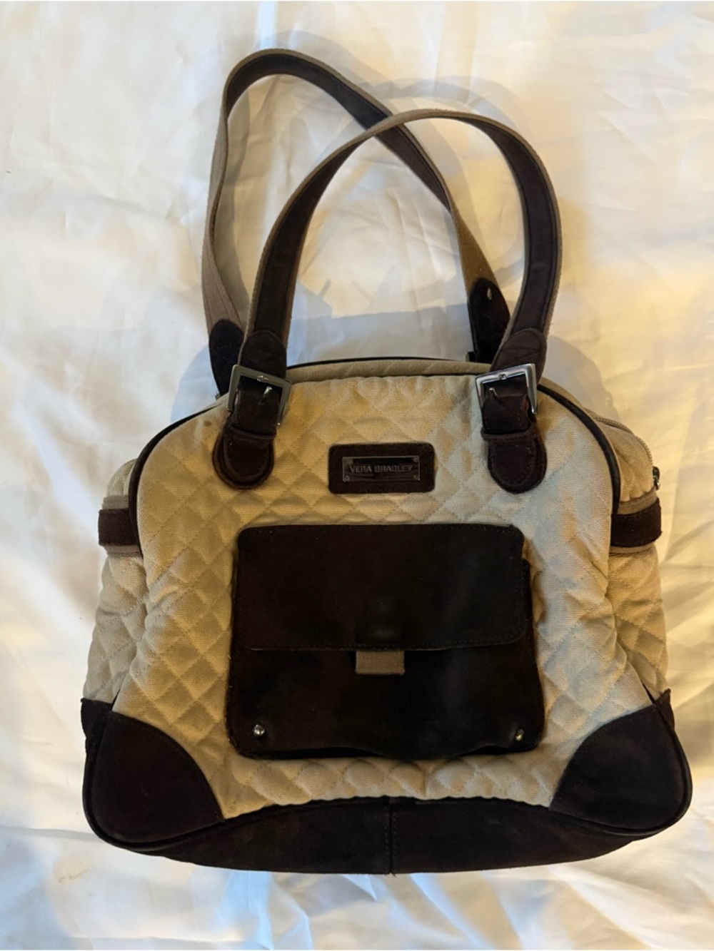 Vera Bradley Quilted Taupe Shoulder Bag with Dark Brown Trim